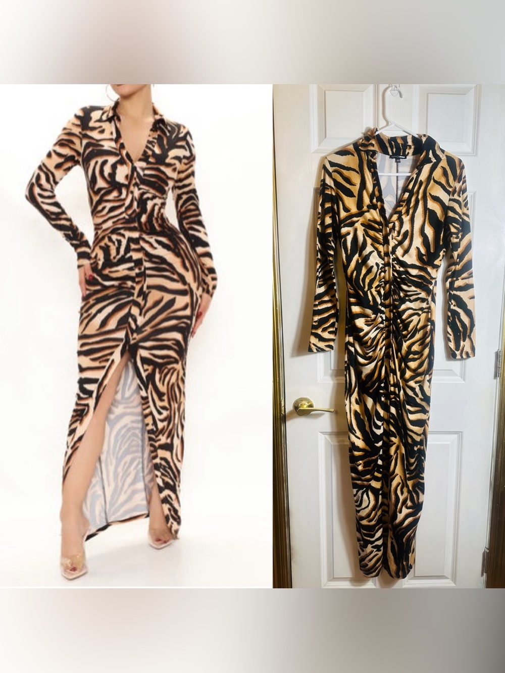Animal Print Long Sleeve Maxi Dress - Tan & Black